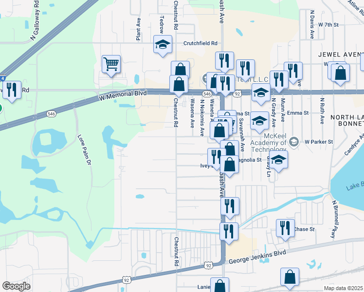 map of restaurants, bars, coffee shops, grocery stores, and more near 2313 Yeats Street in Lakeland