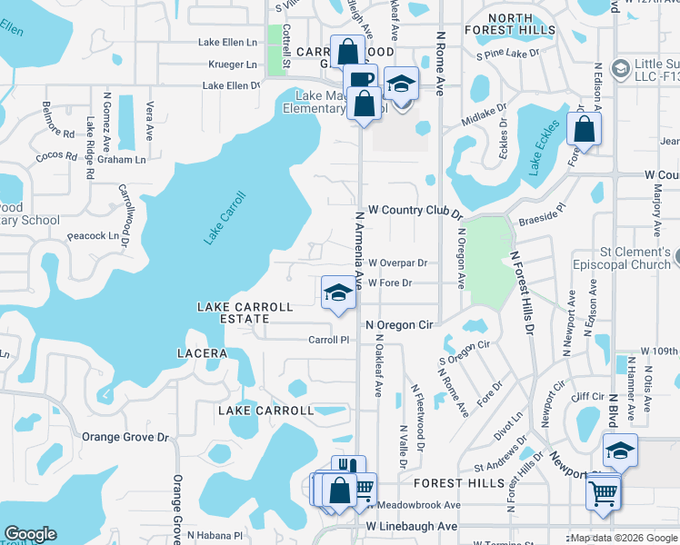 map of restaurants, bars, coffee shops, grocery stores, and more near 2106 West Fore Drive in Tampa