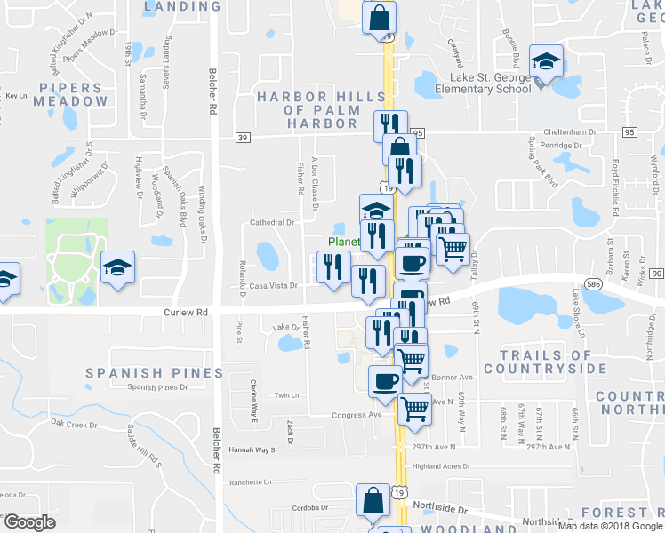 map of restaurants, bars, coffee shops, grocery stores, and more near 44 Sante Fe Trail in Palm Harbor