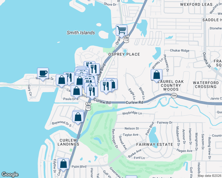 map of restaurants, bars, coffee shops, grocery stores, and more near 930 Curlew Road in Dunedin