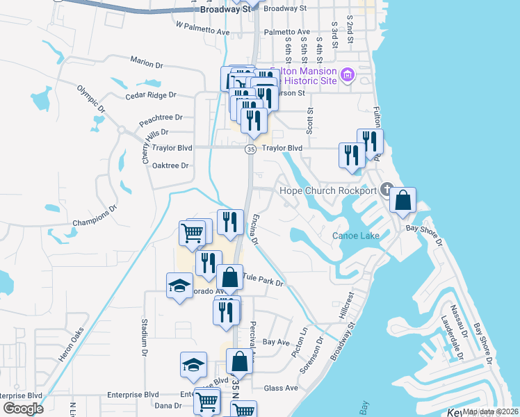 map of restaurants, bars, coffee shops, grocery stores, and more near 2629 Encina Drive in Rockport