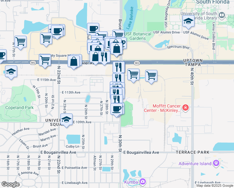 map of restaurants, bars, coffee shops, grocery stores, and more near 11148 North 30th Street in Tampa