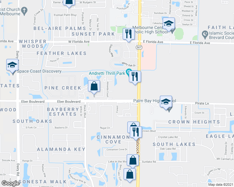 map of restaurants, bars, coffee shops, grocery stores, and more near 3990 South Babcock Street in Melbourne
