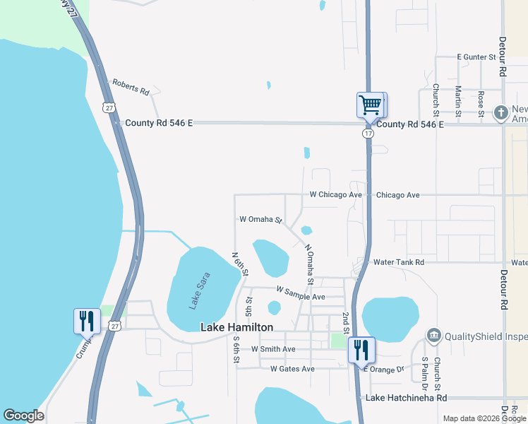 map of restaurants, bars, coffee shops, grocery stores, and more near 444 North Omaha Street in Lake Hamilton