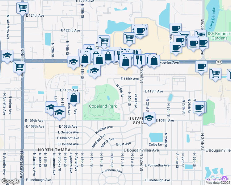 map of restaurants, bars, coffee shops, grocery stores, and more near 11001 North 15th Street in Tampa