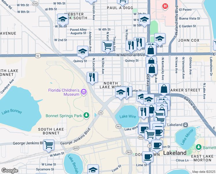 map of restaurants, bars, coffee shops, grocery stores, and more near 616 Texas Avenue in Lakeland