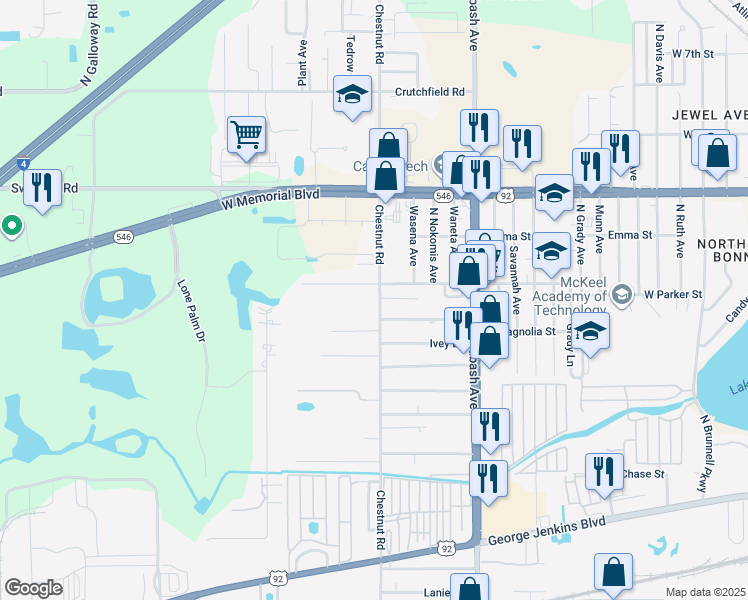map of restaurants, bars, coffee shops, grocery stores, and more near 712 North Chestnut Road in Lakeland