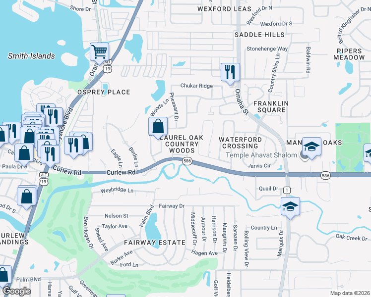 map of restaurants, bars, coffee shops, grocery stores, and more near 2654 Sequoia Terrace in Palm Harbor