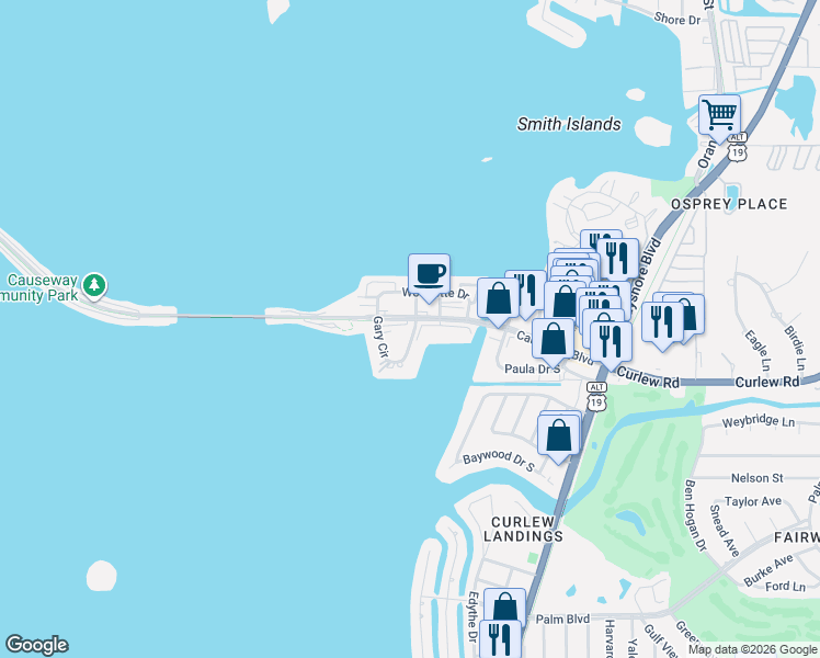 map of restaurants, bars, coffee shops, grocery stores, and more near 2523 Gary Circle in Dunedin