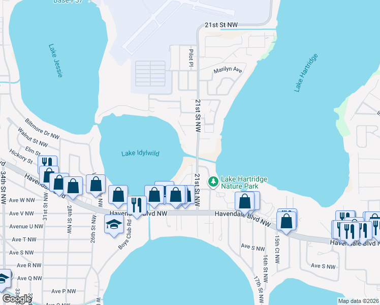 map of restaurants, bars, coffee shops, grocery stores, and more near 2407 21st Street Northwest in Winter Haven