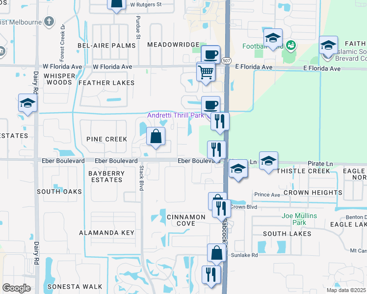 map of restaurants, bars, coffee shops, grocery stores, and more near 105 Colibri Way in Melbourne