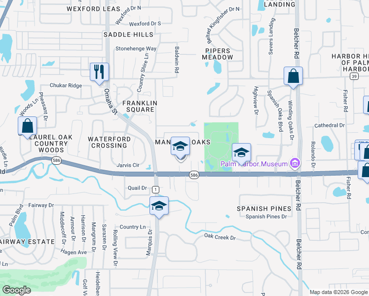 map of restaurants, bars, coffee shops, grocery stores, and more near 1560 Canopy Oaks Boulevard in Palm Harbor