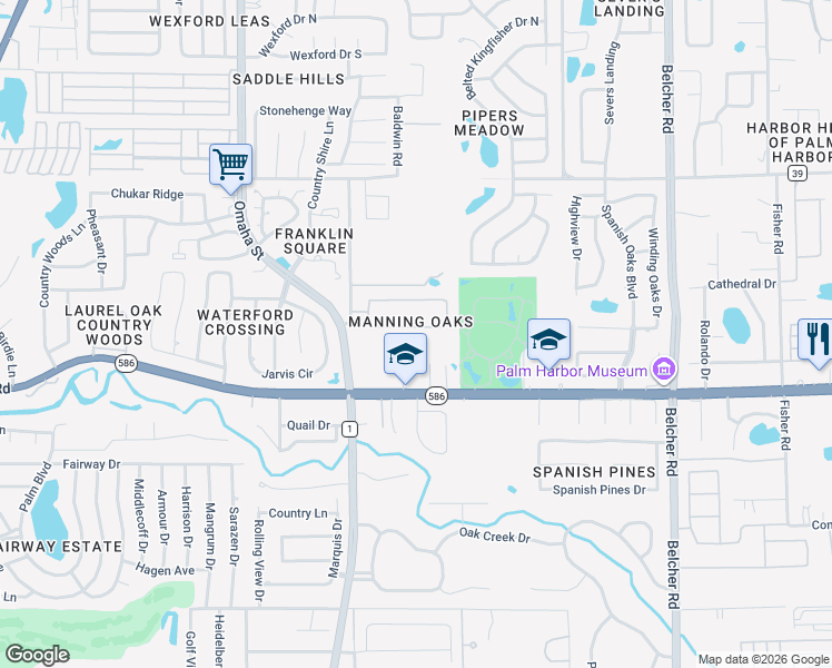 map of restaurants, bars, coffee shops, grocery stores, and more near 1560 Canopy Oaks Boulevard in Palm Harbor