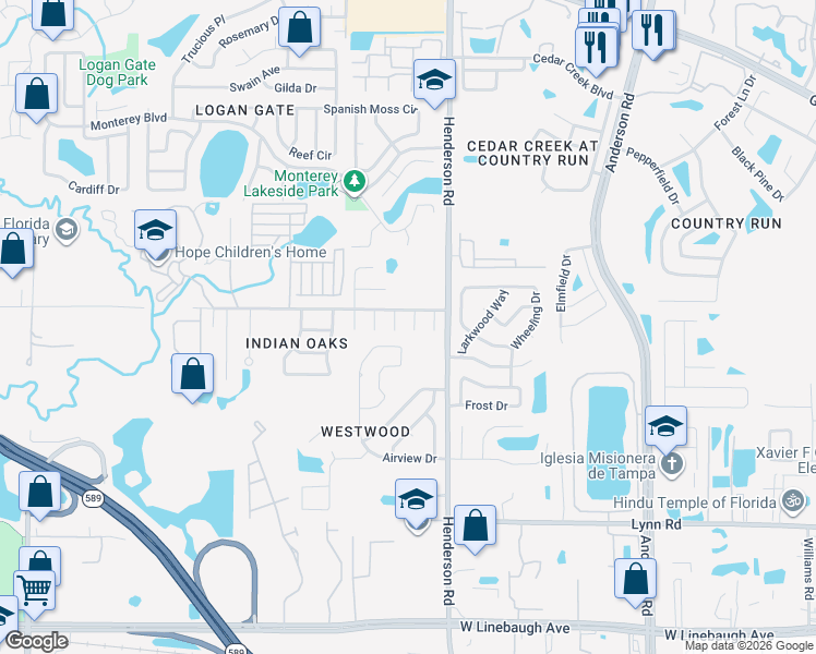 map of restaurants, bars, coffee shops, grocery stores, and more near 11204 Millridge Drive in Tampa
