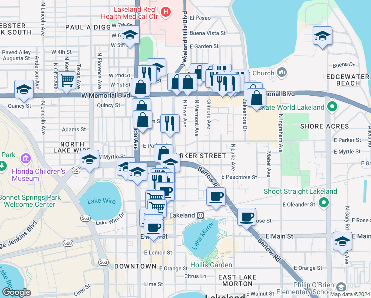 map of restaurants, bars, coffee shops, grocery stores, and more near 700 North Iowa Avenue in Lakeland