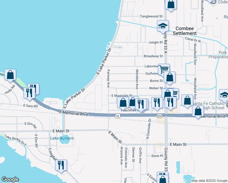 map of restaurants, bars, coffee shops, grocery stores, and more near 2226 Weber Street in Lakeland