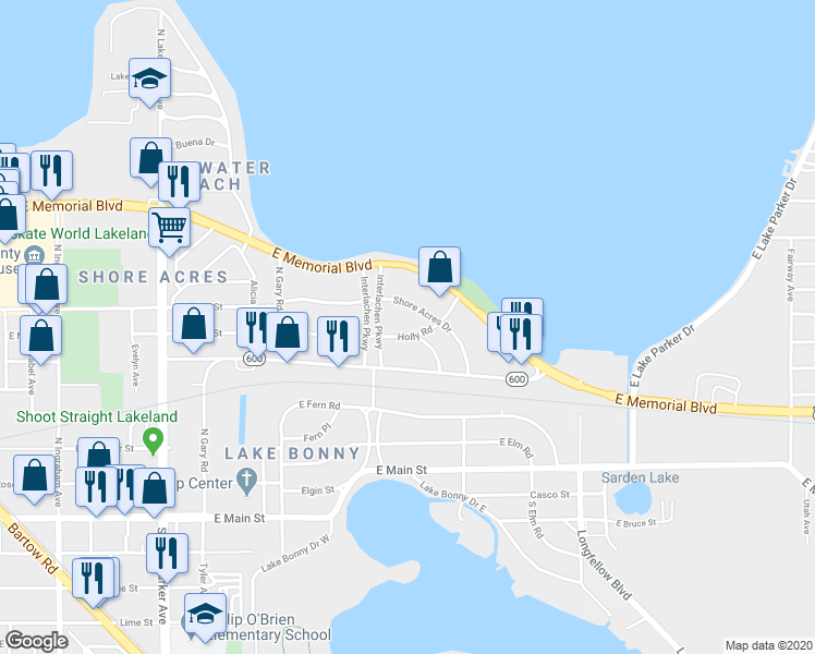 map of restaurants, bars, coffee shops, grocery stores, and more near 1619 Shore Acres Drive in Lakeland