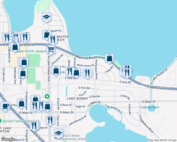 map of restaurants, bars, coffee shops, grocery stores, and more near 730 Interlachen Parkway in Lakeland