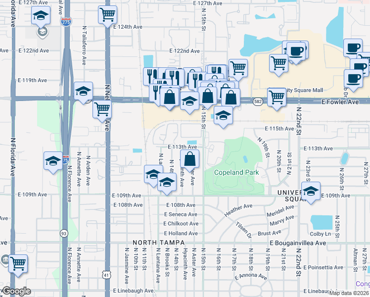 map of restaurants, bars, coffee shops, grocery stores, and more near 1401 Cartier Drive in Tampa