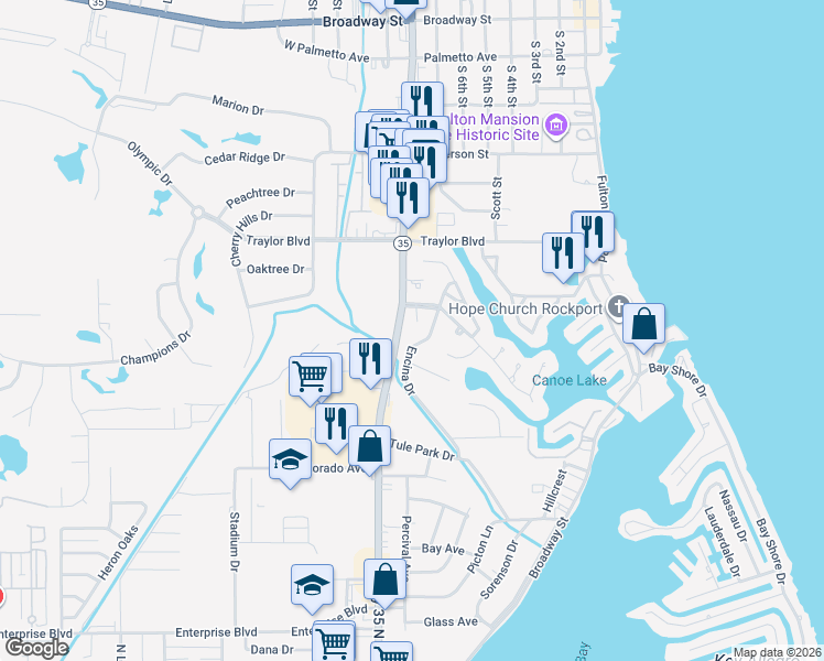 map of restaurants, bars, coffee shops, grocery stores, and more near 1809 Harbor Drive in Rockport