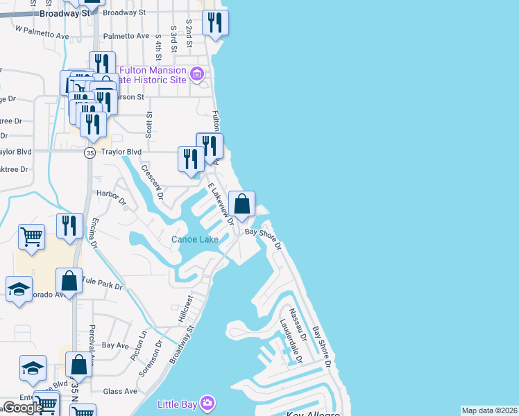 map of restaurants, bars, coffee shops, grocery stores, and more near 620 Fulton Beach Road in Rockport