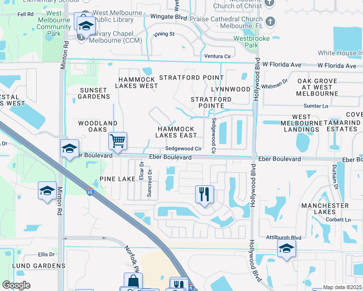 map of restaurants, bars, coffee shops, grocery stores, and more near 2383 Glasbern Circle in West Melbourne