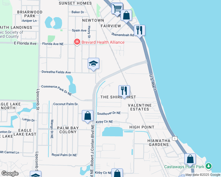 map of restaurants, bars, coffee shops, grocery stores, and more near 2155 Robert J Conlan Boulevard Northeast in Palm Bay
