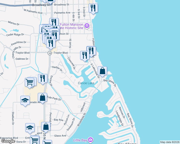 map of restaurants, bars, coffee shops, grocery stores, and more near 2203 West Lakeview Drive in Rockport