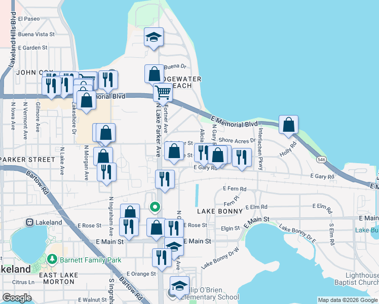 map of restaurants, bars, coffee shops, grocery stores, and more near 1247 East Parker Street in Lakeland