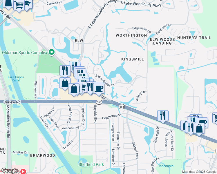 map of restaurants, bars, coffee shops, grocery stores, and more near 600 South Woodlands Drive in Oldsmar