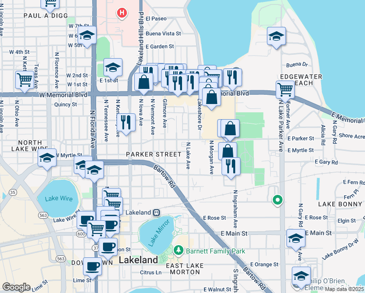 map of restaurants, bars, coffee shops, grocery stores, and more near 732 East Parker Street in Lakeland