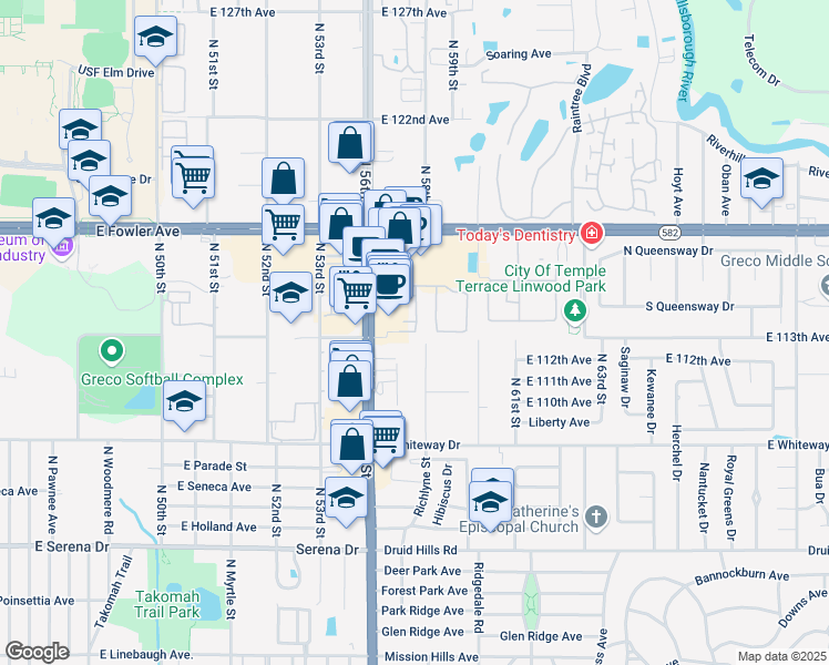 map of restaurants, bars, coffee shops, grocery stores, and more near 11301 North 56th Street in Temple Terrace