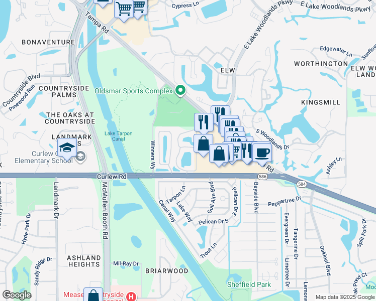 map of restaurants, bars, coffee shops, grocery stores, and more near 4 Eastlake Club Drive in Oldsmar