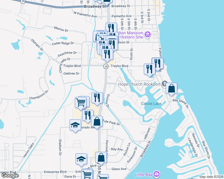 map of restaurants, bars, coffee shops, grocery stores, and more near 1809 Harbor Drive in Rockport