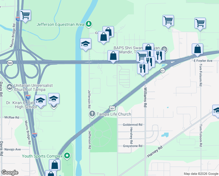map of restaurants, bars, coffee shops, grocery stores, and more near 9203 East 113th Avenue in Thonotosassa