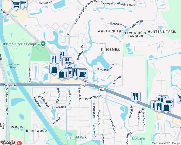 map of restaurants, bars, coffee shops, grocery stores, and more near 155 Poole Place in Oldsmar