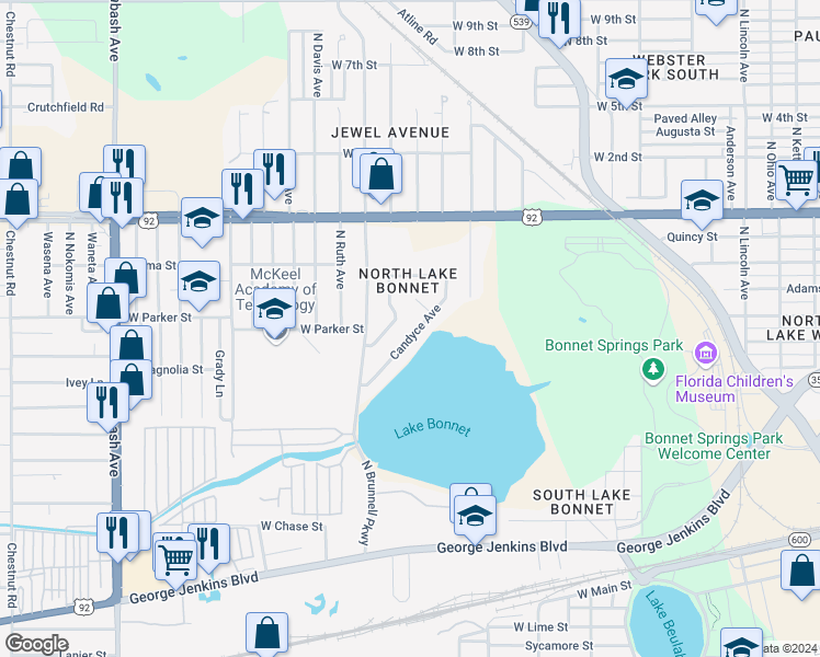 map of restaurants, bars, coffee shops, grocery stores, and more near 720 Candyce Avenue in Lakeland