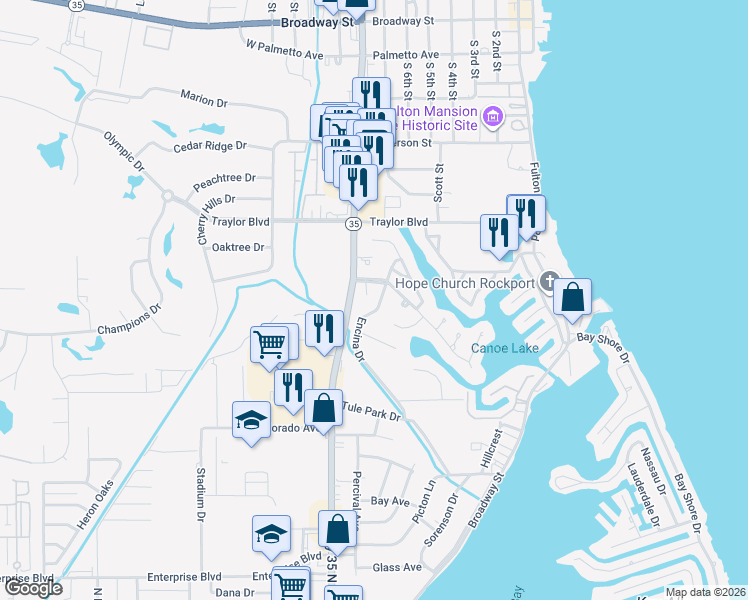 map of restaurants, bars, coffee shops, grocery stores, and more near 1809 Harbor Drive in Rockport