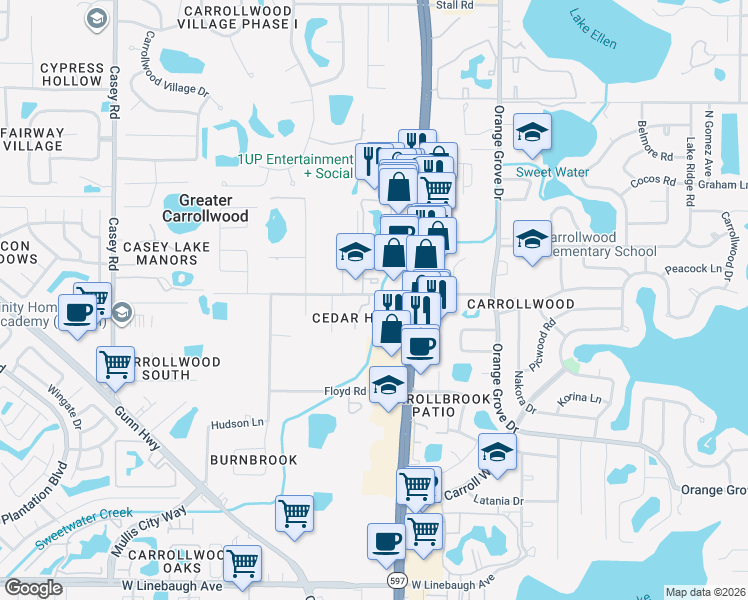 map of restaurants, bars, coffee shops, grocery stores, and more near 11241 Cedar Hollow Lane in Tampa