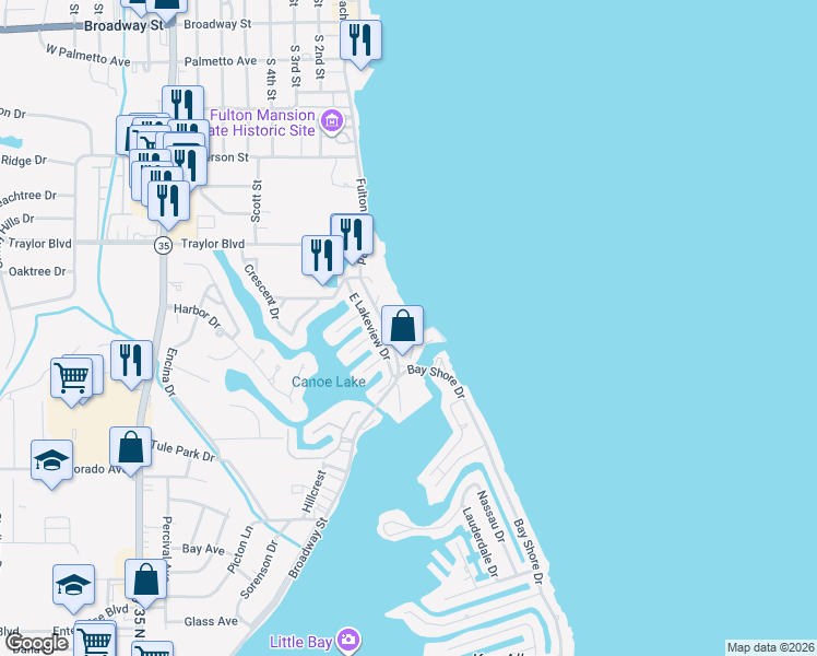 map of restaurants, bars, coffee shops, grocery stores, and more near 620 Fulton Beach Road in Rockport