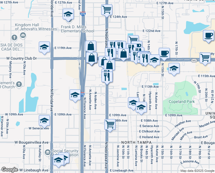 map of restaurants, bars, coffee shops, grocery stores, and more near 11323 North Nebraska Avenue in Tampa
