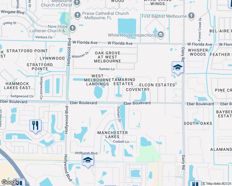 map of restaurants, bars, coffee shops, grocery stores, and more near 1400 Tamango Drive in West Melbourne