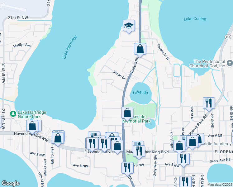 map of restaurants, bars, coffee shops, grocery stores, and more near 2043 Lakeridge Drive in Winter Haven