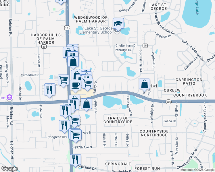 map of restaurants, bars, coffee shops, grocery stores, and more near 232 Morgan Court in Palm Harbor