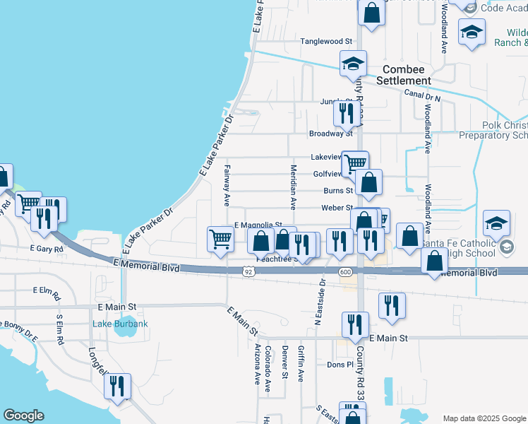 map of restaurants, bars, coffee shops, grocery stores, and more near 2253 Weber Street in Lakeland