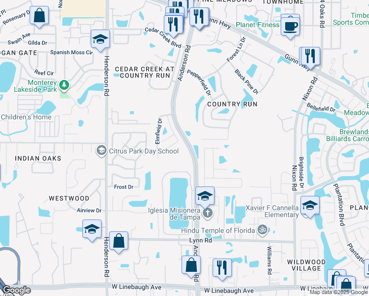 map of restaurants, bars, coffee shops, grocery stores, and more near 11125 Shadybrook Drive in Tampa
