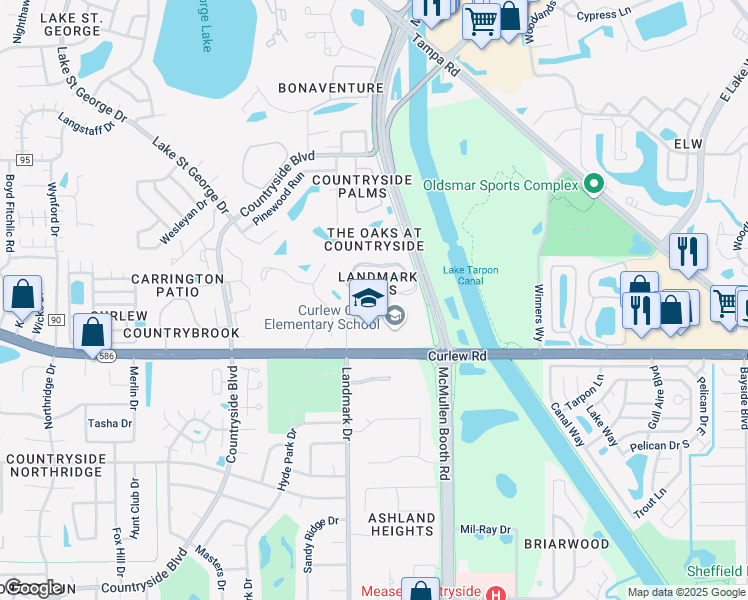 map of restaurants, bars, coffee shops, grocery stores, and more near 3074 Landmark Boulevard in Palm Harbor
