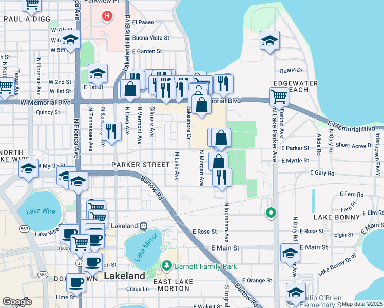 map of restaurants, bars, coffee shops, grocery stores, and more near 837 East Parker Street in Lakeland