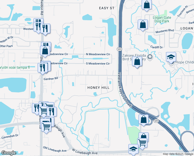 map of restaurants, bars, coffee shops, grocery stores, and more near 8032 Gardner Road in Tampa