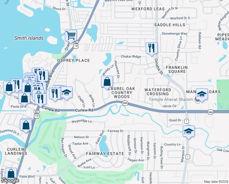 map of restaurants, bars, coffee shops, grocery stores, and more near 2684 Walnut Drive in Palm Harbor